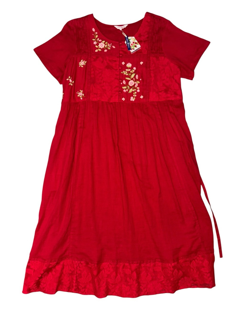 April Cornell Red Embroidered Layered Cotton Midi Dress XXL Pockets Boho